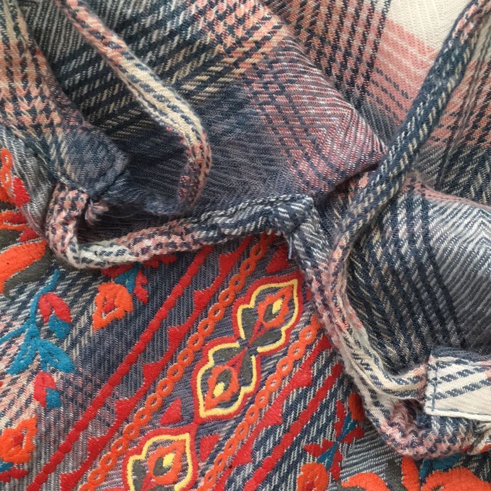 Peasant Style Faux Embroidered Flannel Tunic Top Cottagecore - Picture 7 of 8